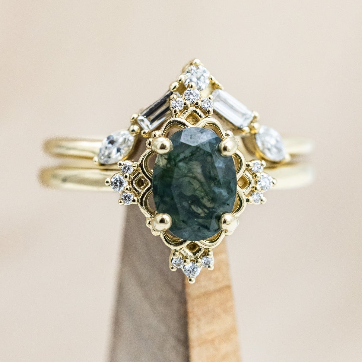 "Treva" - Oval Cut Moss Agate Engagement Ring With Diamond Accents & "Melody" Tracer