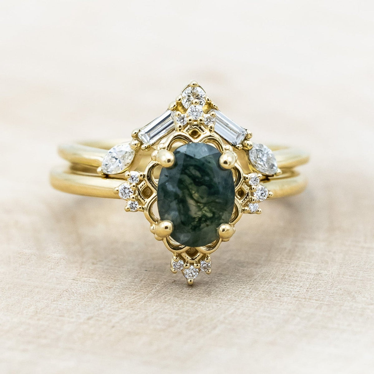 "Treva" - Oval Cut Moss Agate Engagement Ring With Diamond Accents & "Melody" Tracer