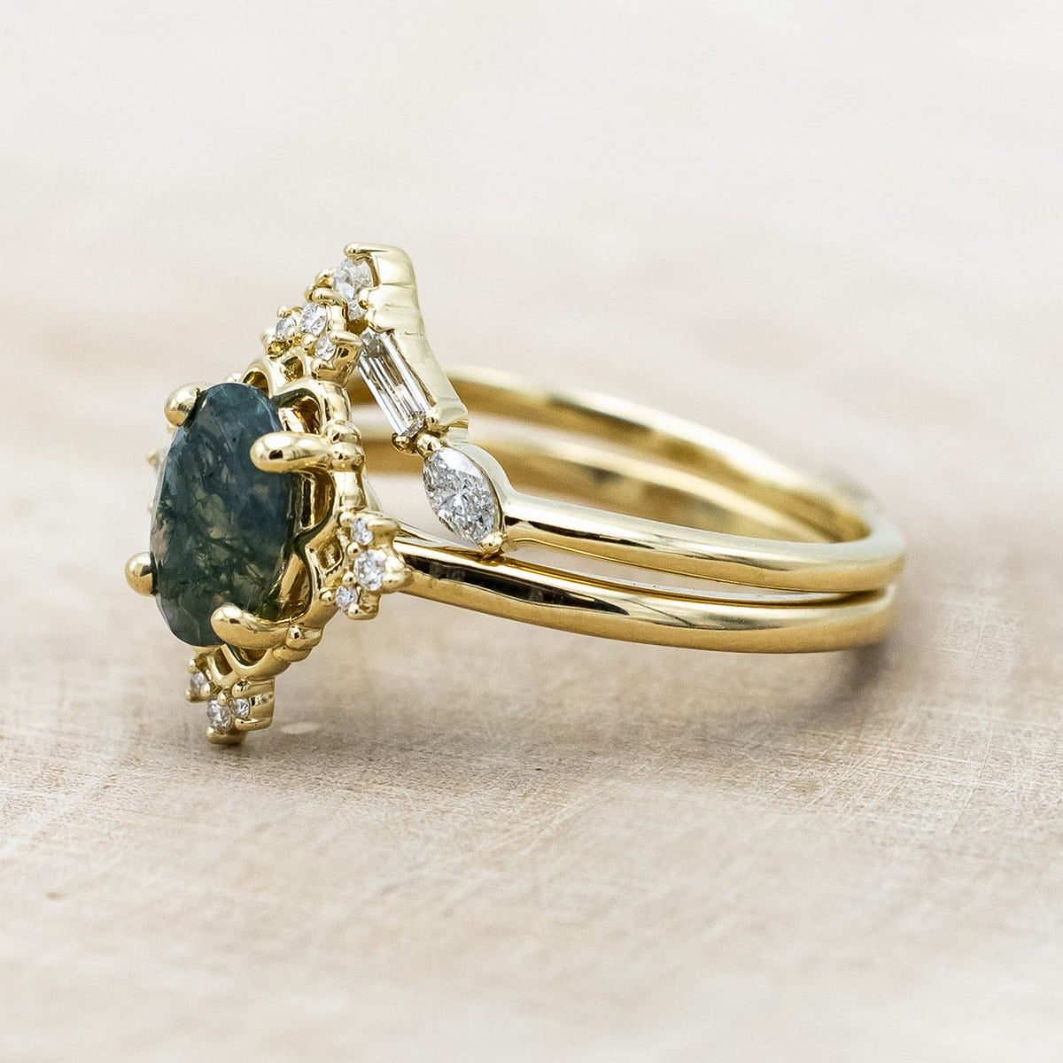 "Treva" - Oval Cut Moss Agate Engagement Ring With Diamond Accents & "Melody" Tracer