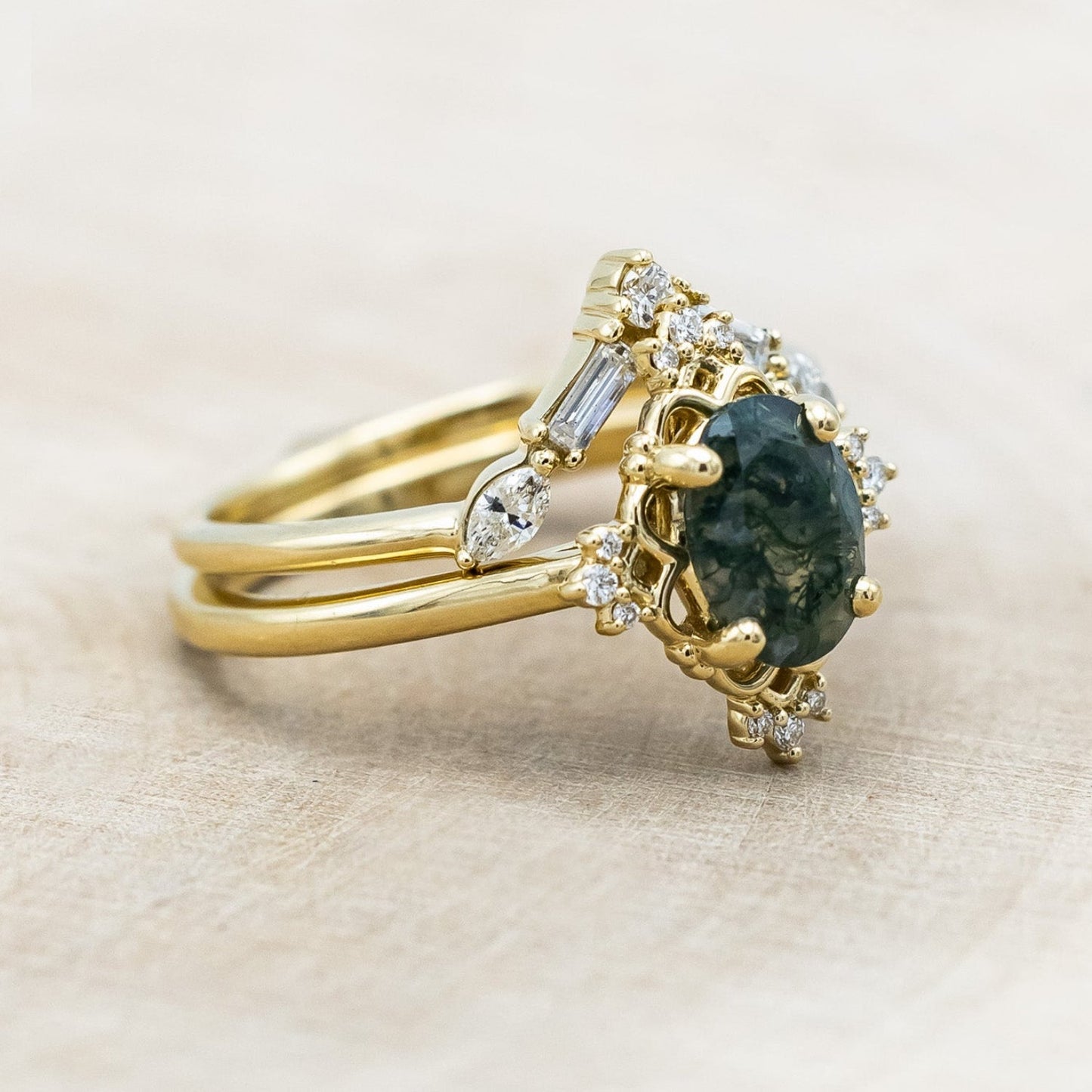 "Treva" - Oval Cut Moss Agate Engagement Ring With Diamond Accents & "Melody" Tracer