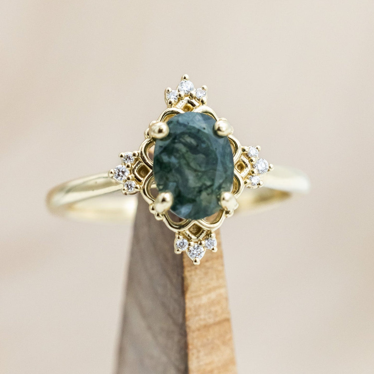 "Treva" - Oval Cut Moss Agate Engagement Ring With Diamond Accents & "Melody" Tracer