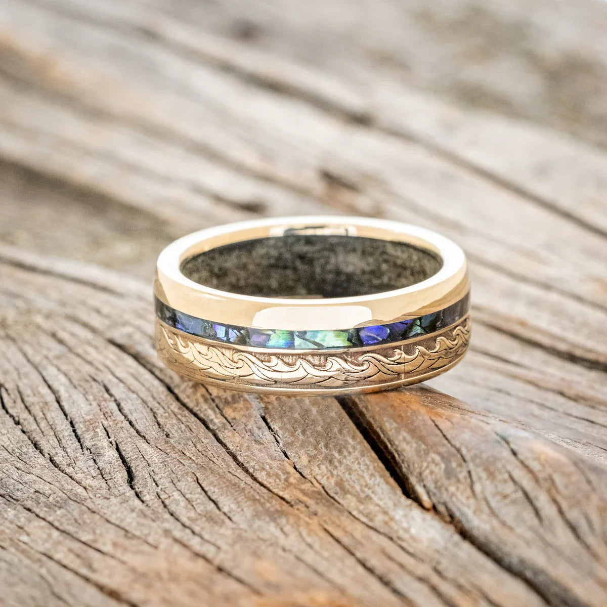 "Triton" - Wave Engraved Wedding Band With Paua Shell & Sand Lining - 14K Yellow Gold (8mm) - Size 11 1/4