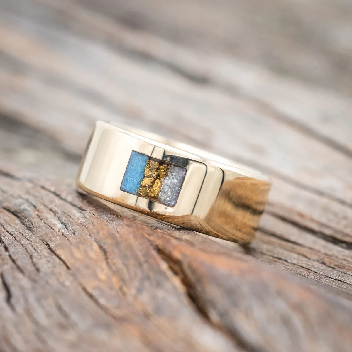 Turquoise, Gold Nuggets & Diamond Dust Wedding Band - 14K Yellow Gold (6mm) - Size 10 1/2