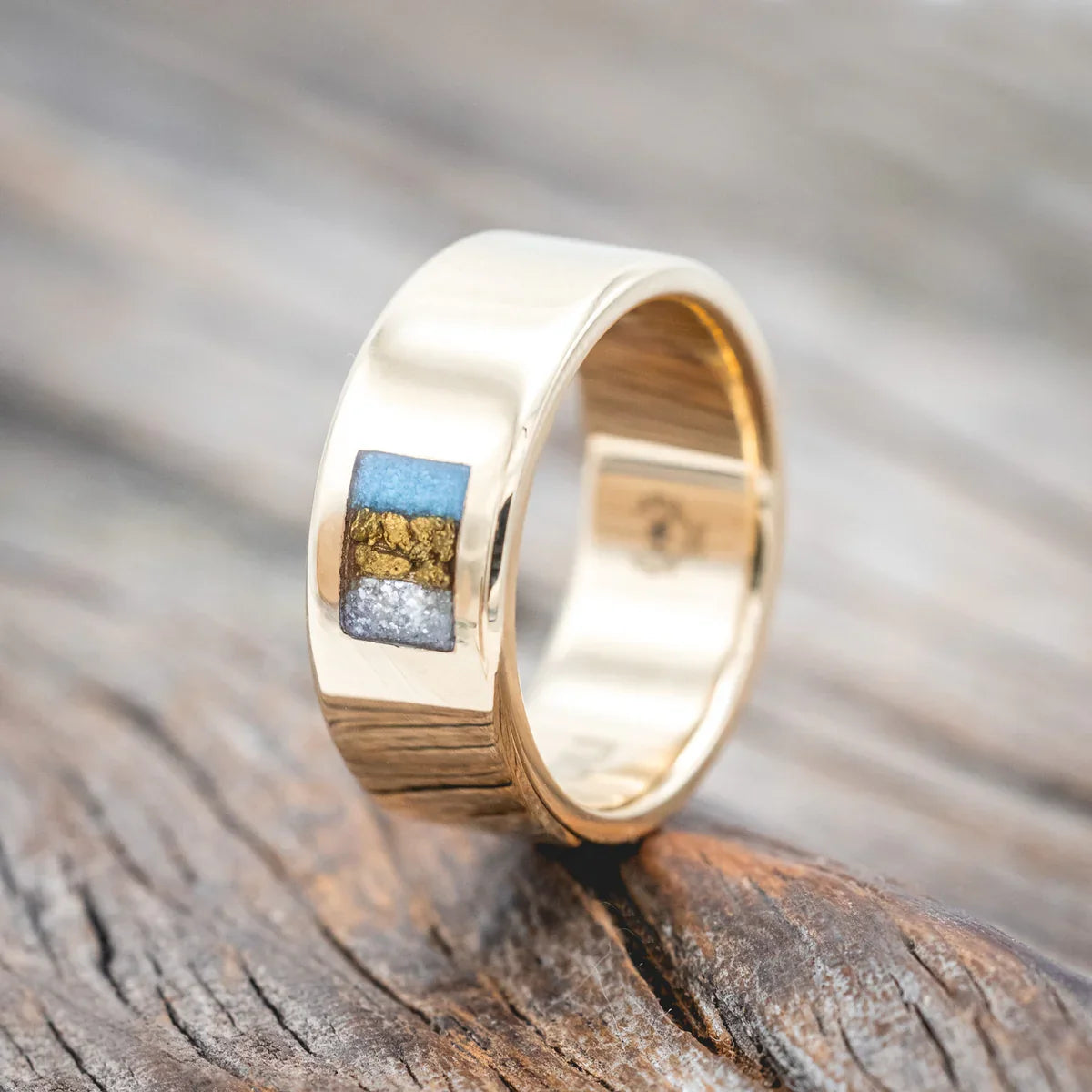 Turquoise, Gold Nuggets & Diamond Dust Wedding Band - 14K Yellow Gold (6mm) - Size 10 1/2