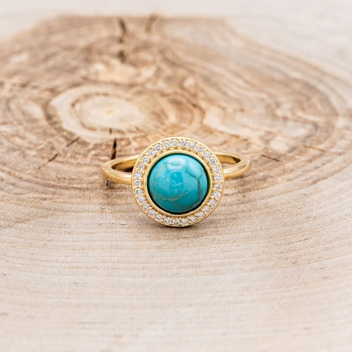 "Terra" - Bridal Suite - Round Cabochon Cut Turquoise Engagement Ring With Diamond Halo & Sama Tracers