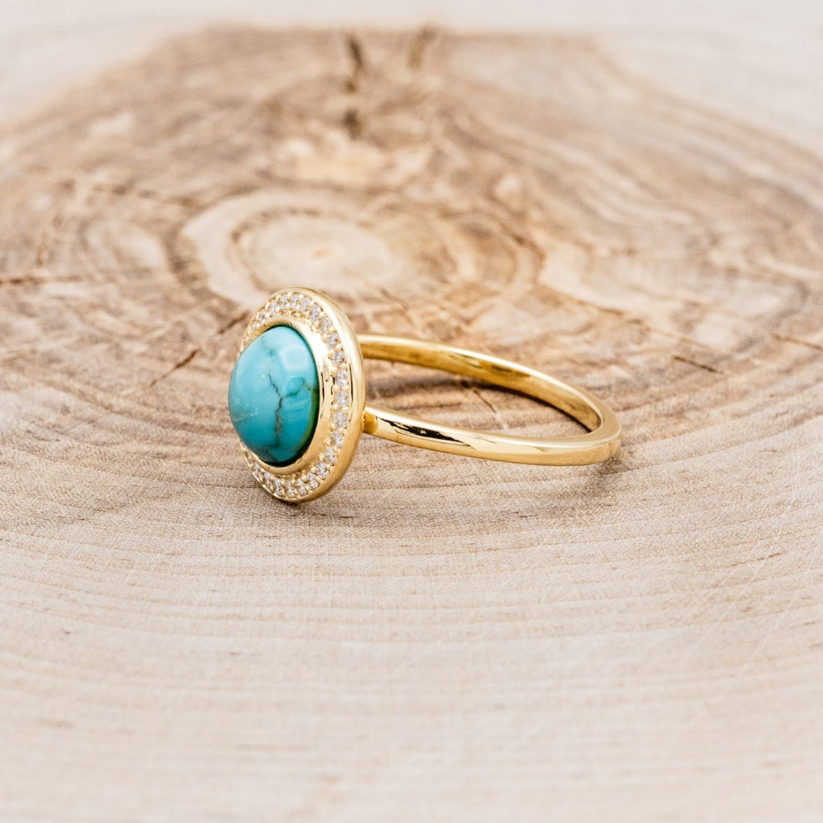 "Terra" - Bridal Suite - Round Cabochon Cut Turquoise Engagement Ring With Diamond Halo & Sama Tracers