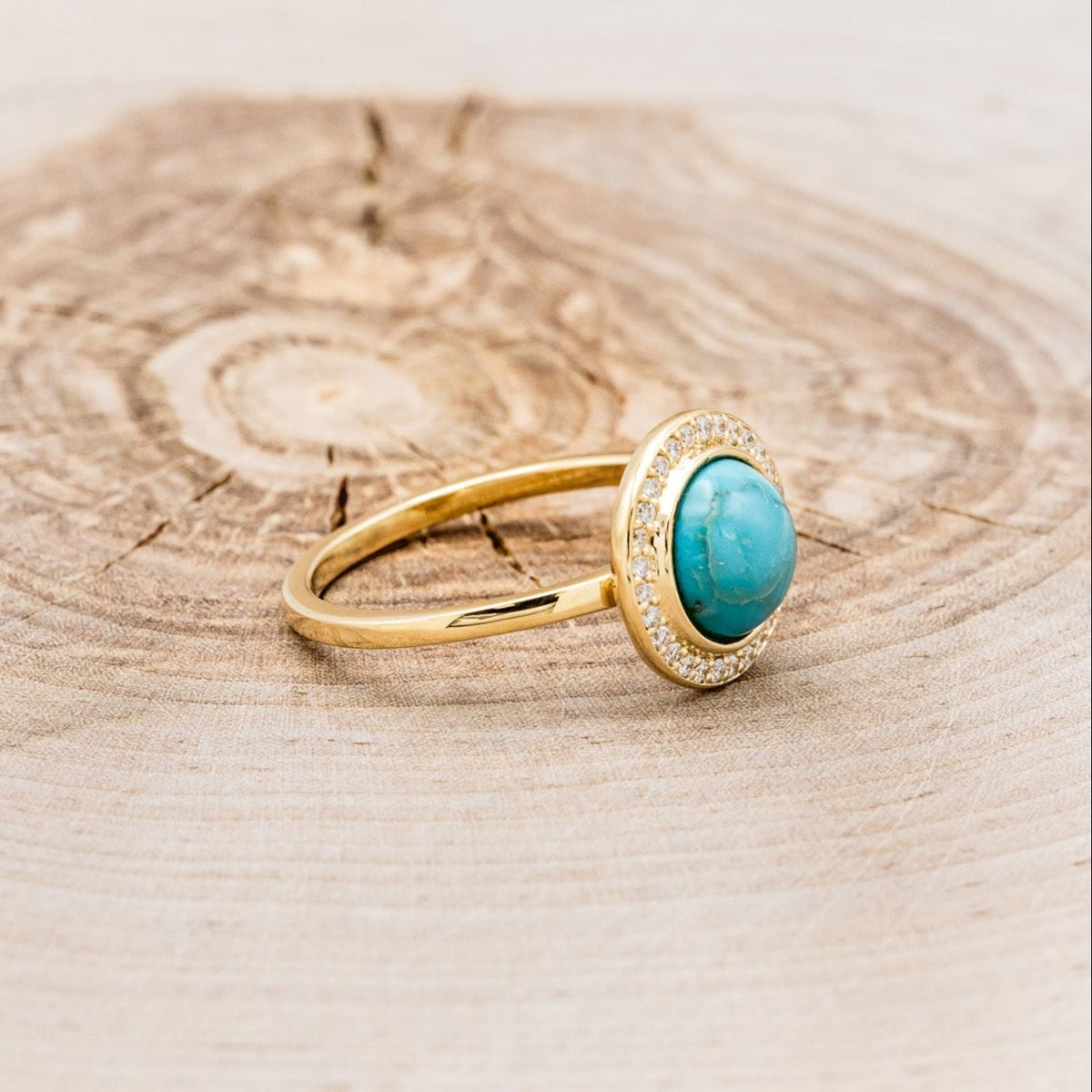 "Terra" - Bridal Suite - Round Cabochon Cut Turquoise Engagement Ring With Diamond Halo & Sama Tracers