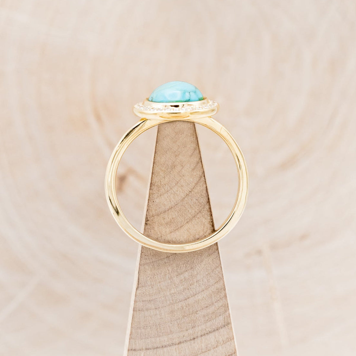 "Terra" - Bridal Suite - Round Cabochon Cut Turquoise Engagement Ring With Diamond Halo & Sama Tracers