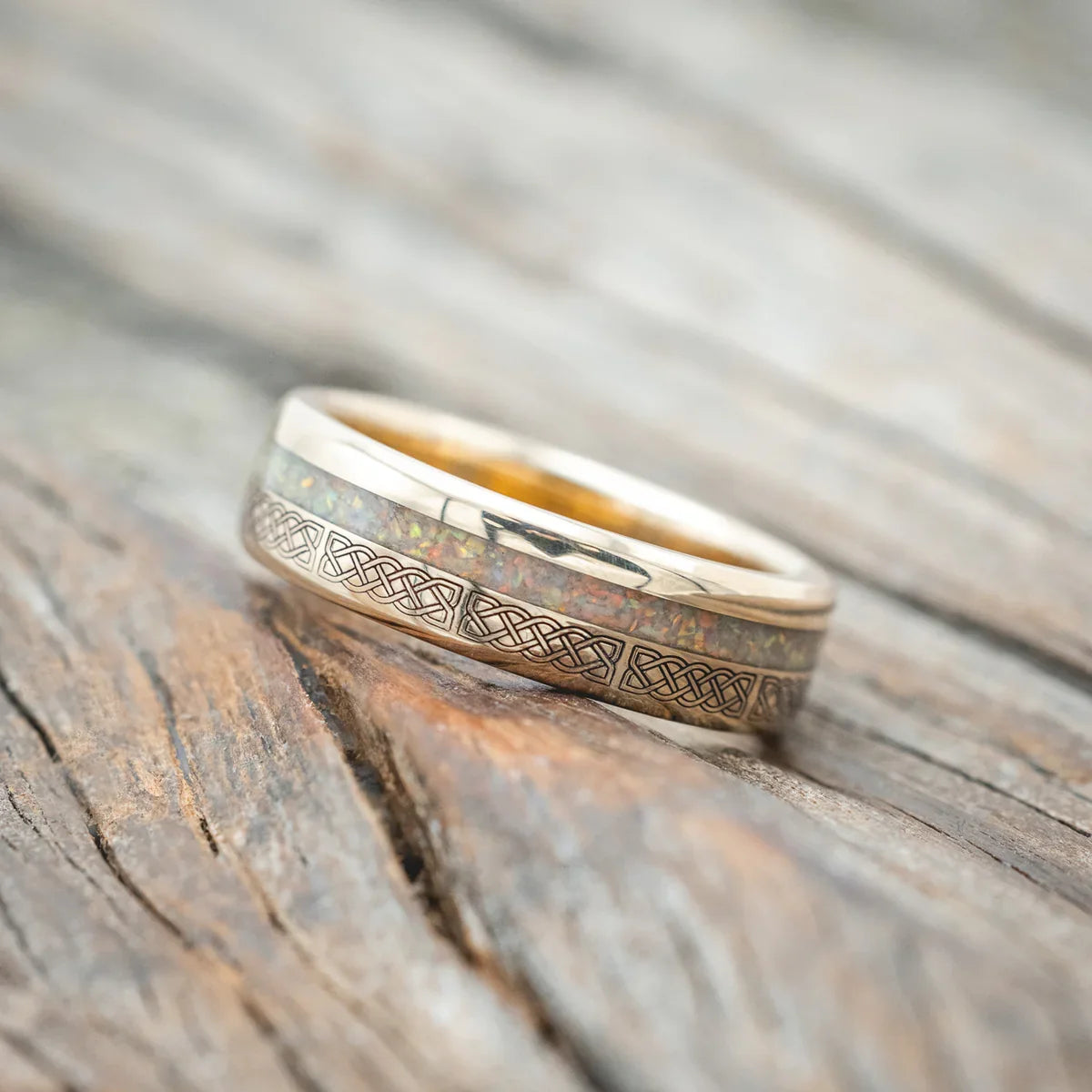 "Vertigo" - Celtic Sailor's Knot Engraved With Fire & Ice Opal Wedding Ring - 14K Yellow Gold (6mm) - Size 8 1/2