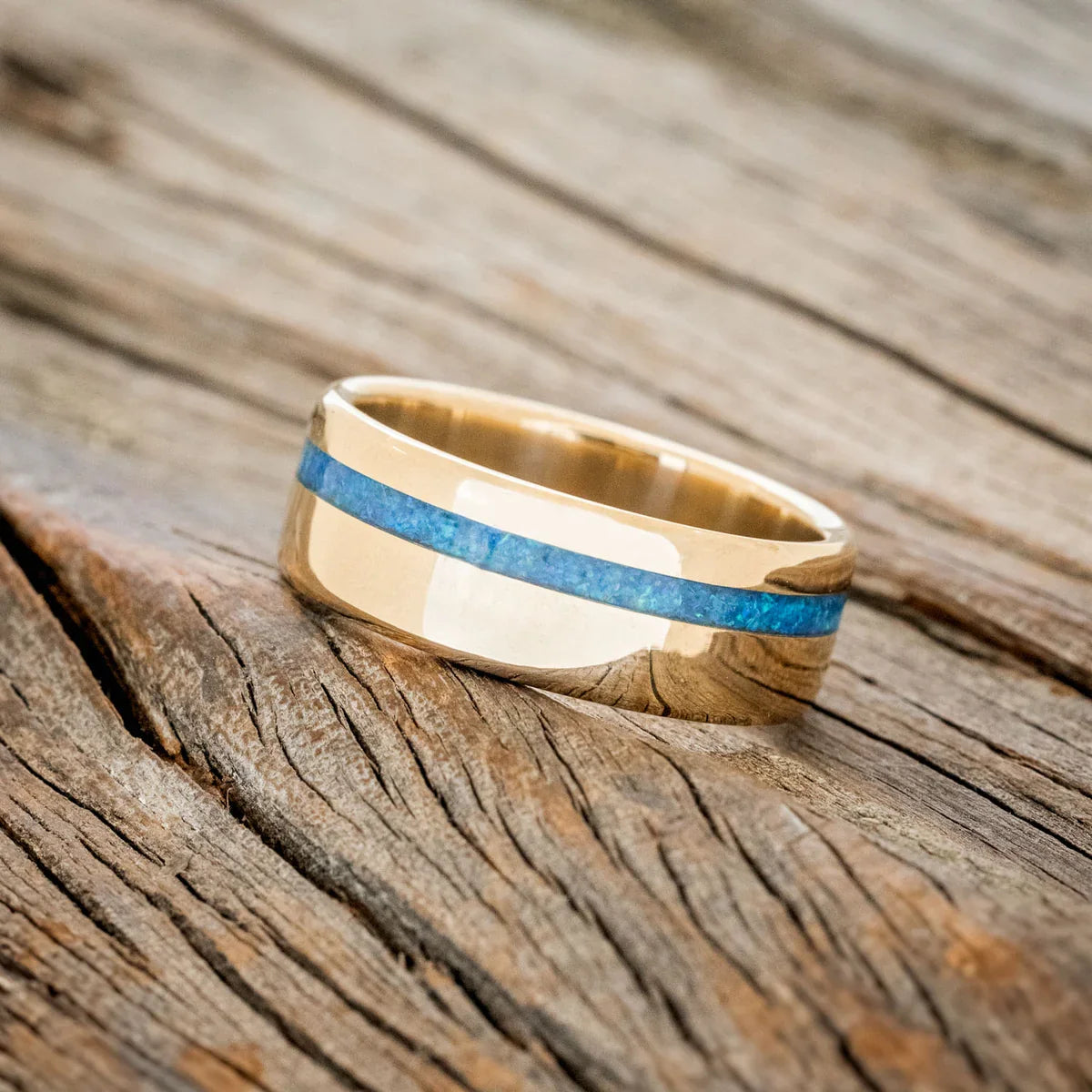 "Vertigo" - Blue Opal Inlay Wedding Ring - 14K Yellow Gold (8mm) - Size 8