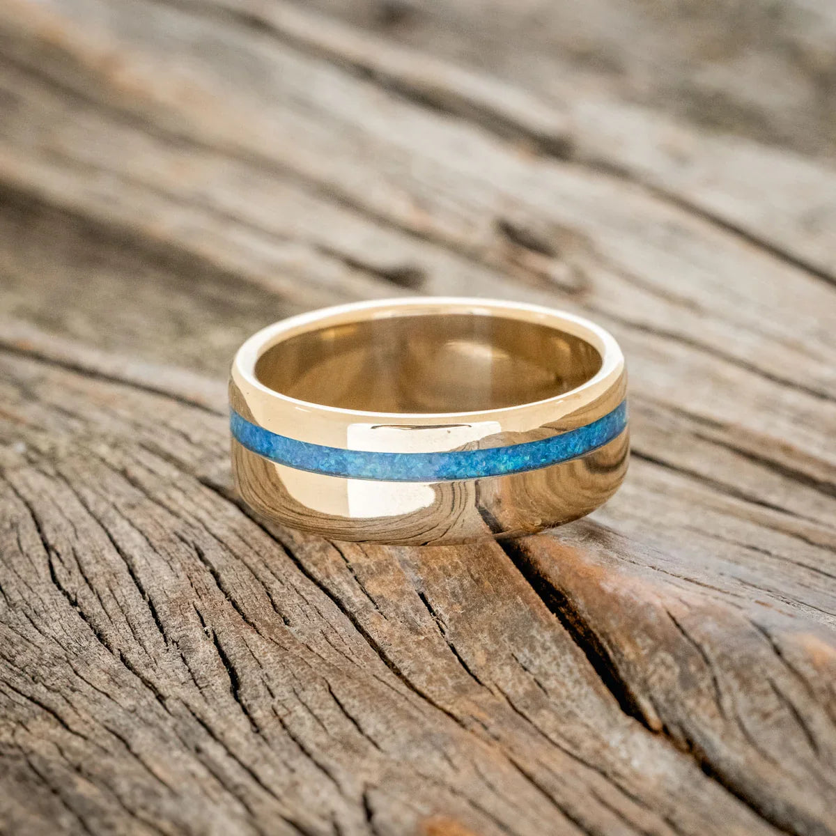 "Vertigo" - Blue Opal Inlay Wedding Ring - 14K Yellow Gold (8mm) - Size 7 1/2