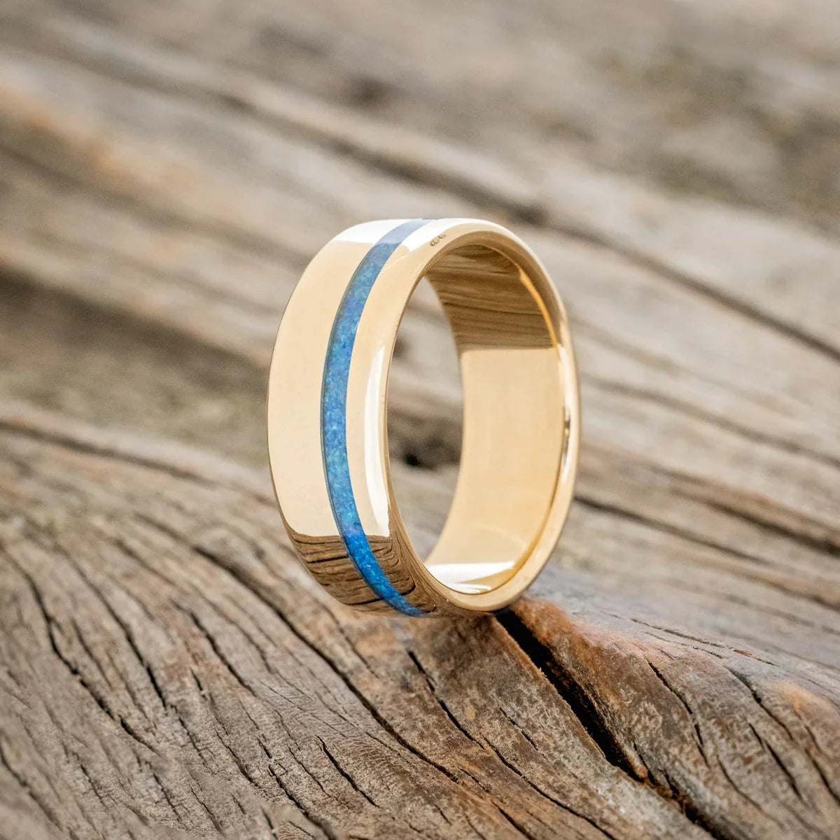 "Vertigo" - Blue Opal Inlay Wedding Ring - 14K Yellow Gold (8mm) - Size 8