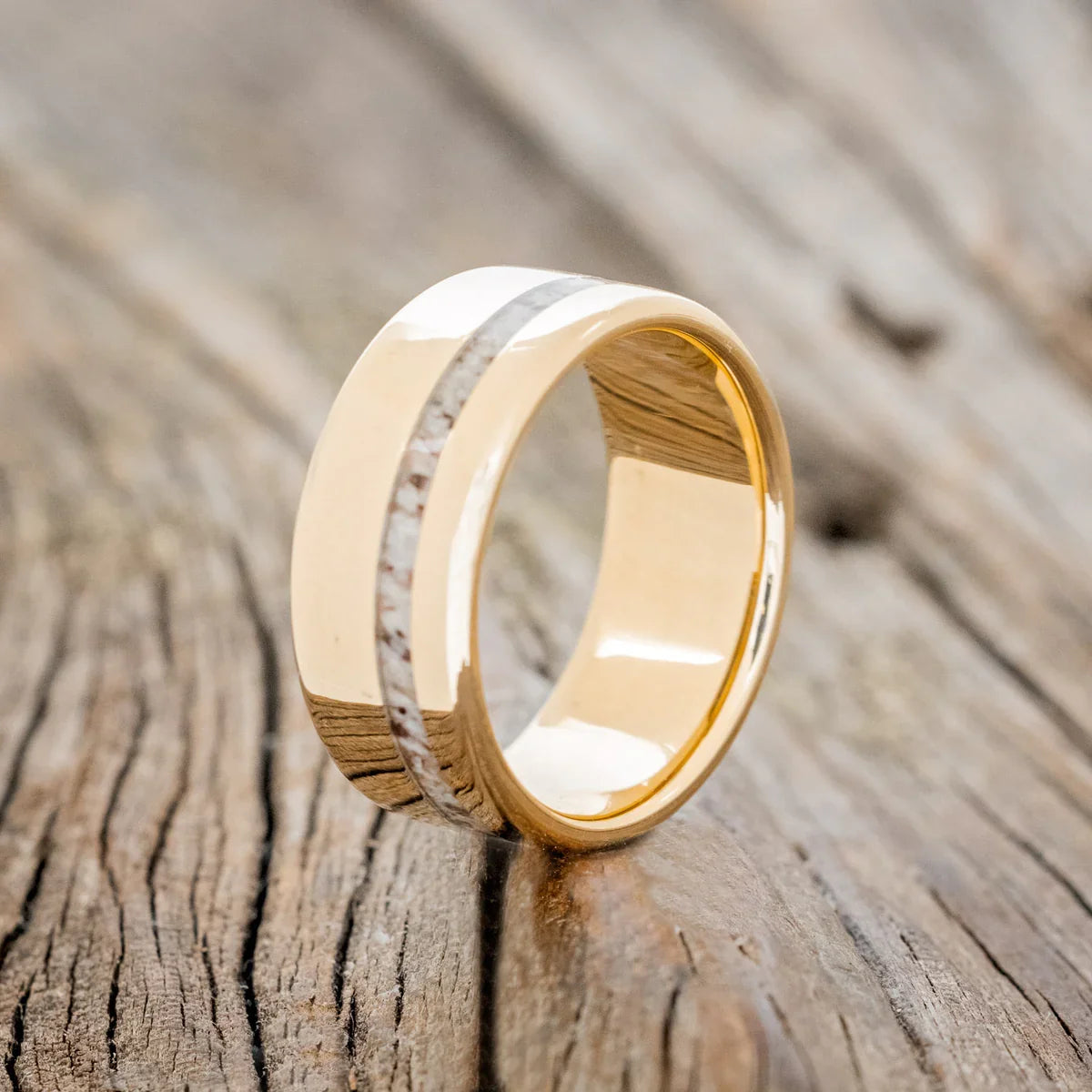 "Vertigo" - Elk Antler Inlay Wedding Ring - 14K Yellow Gold (8mm) - Size 10