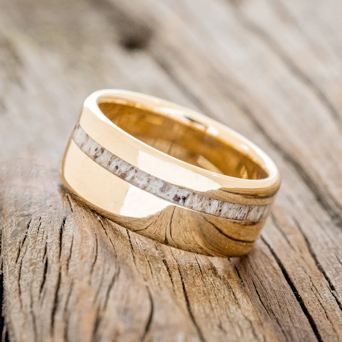"Vertigo" - Elk Antler Inlay Wedding Ring - 14K Yellow Gold (8mm) - Size 10