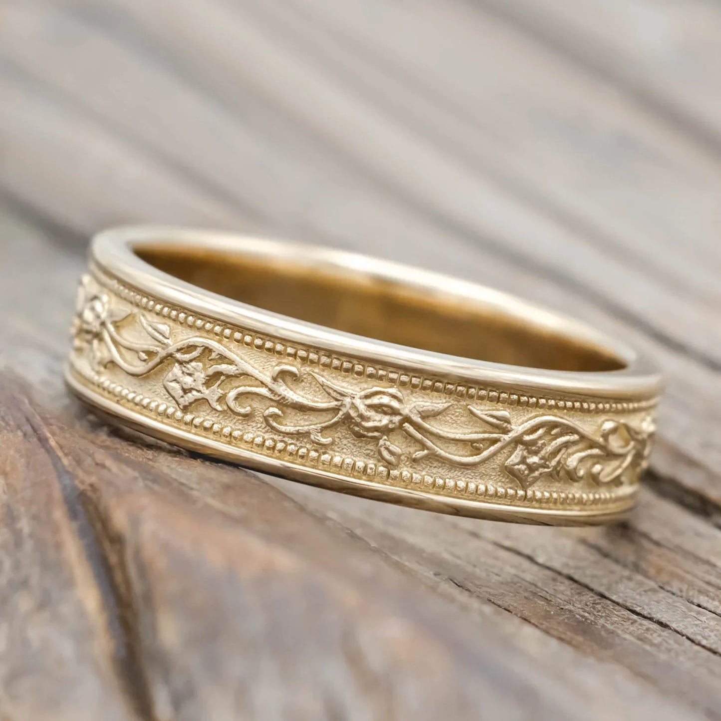 "Will" - Custom Floral-Engraved Wedding Band - 14K Yellow Gold (6mm) - Size 10