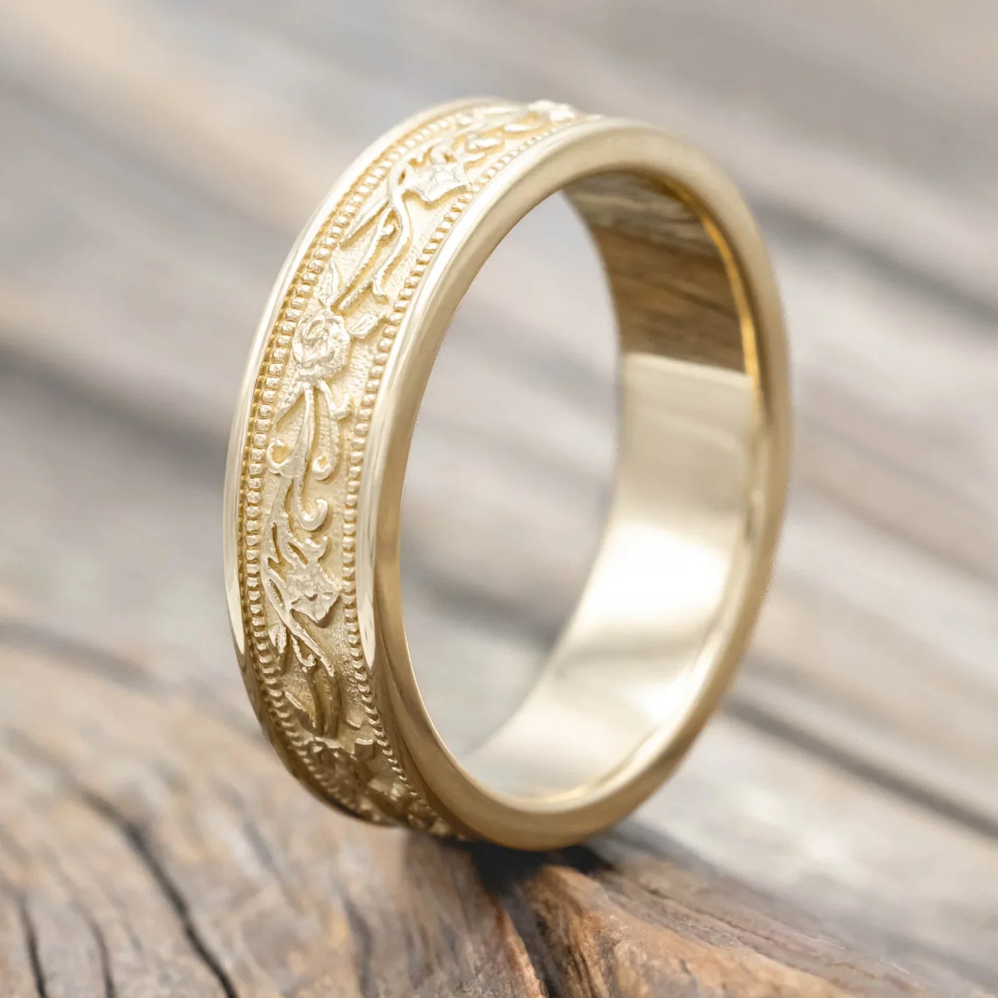 "Will" - Custom Floral-Engraved Wedding Band - 14K Yellow Gold (6mm) - Size 10