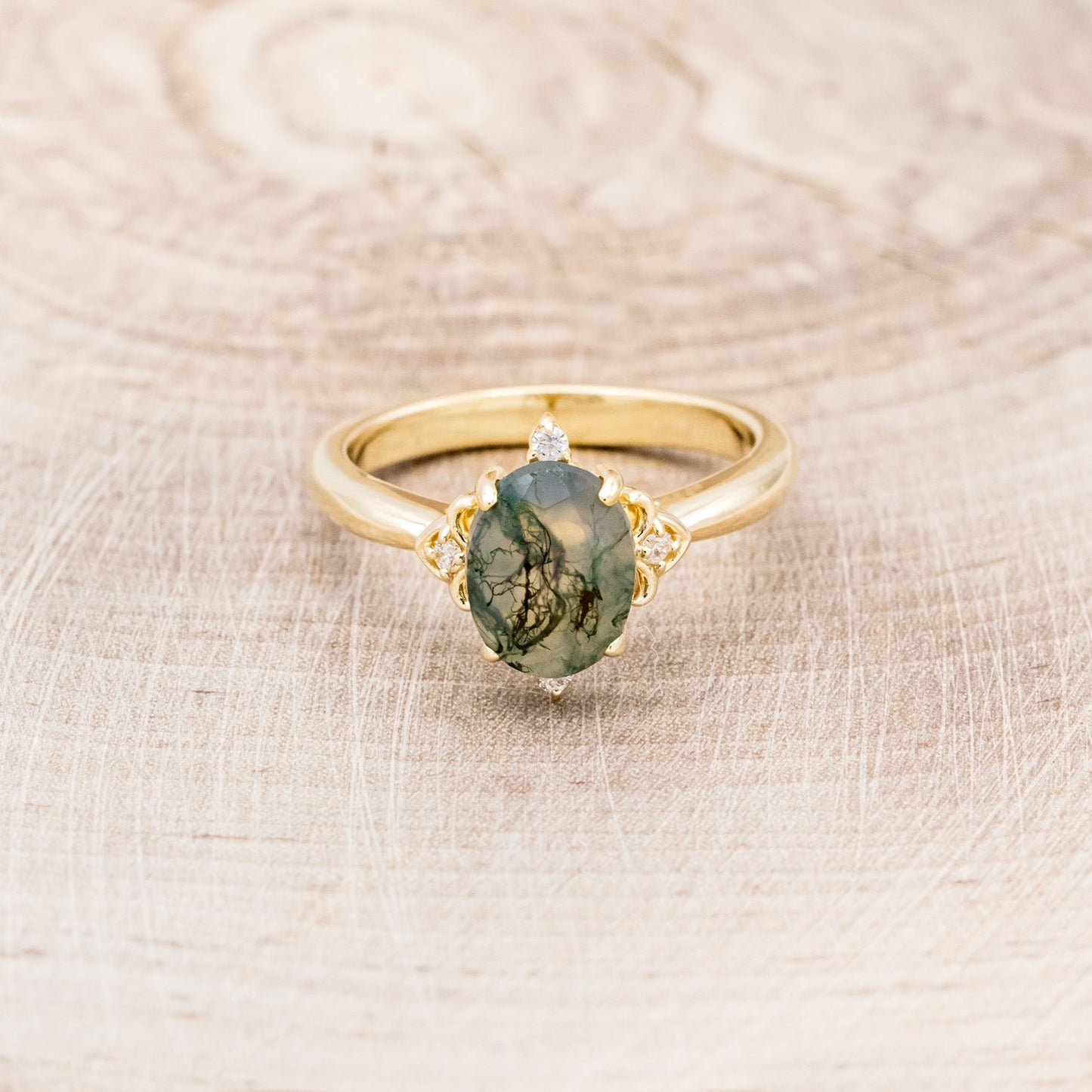 "Zella" - Oval Cut Moss Agate Engagement Ring With Diamond Accents
