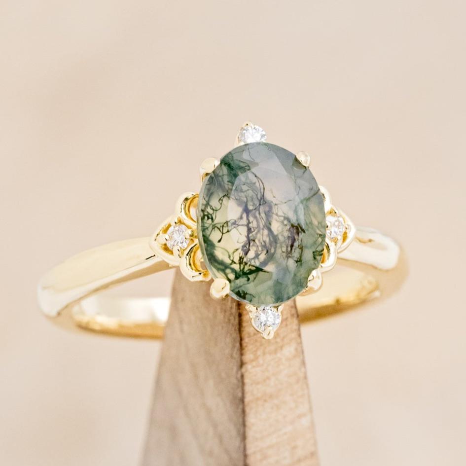 "Zella" - Oval Cut Moss Agate Engagement Ring With Diamond Accents