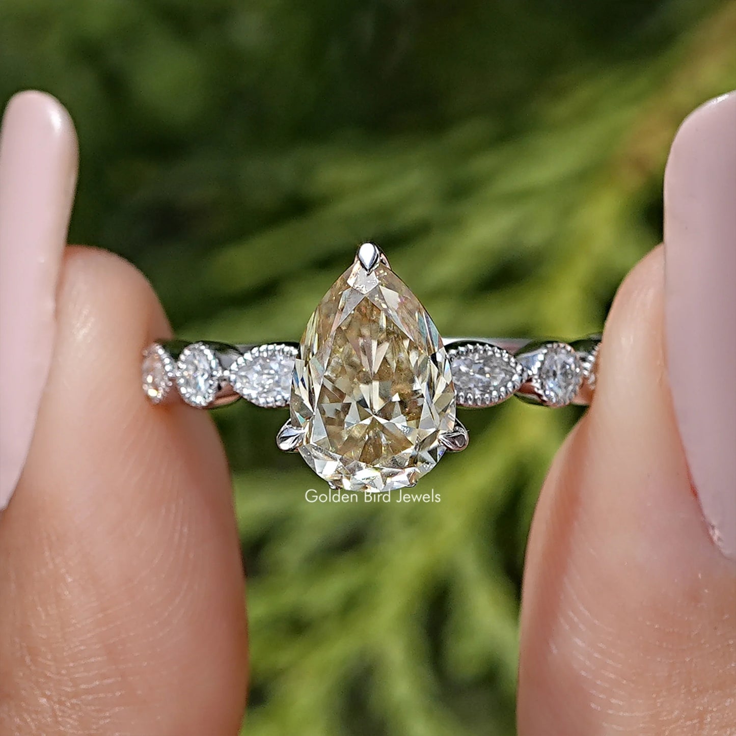 Yellow Pear Cut Moissanite Engagement Ring