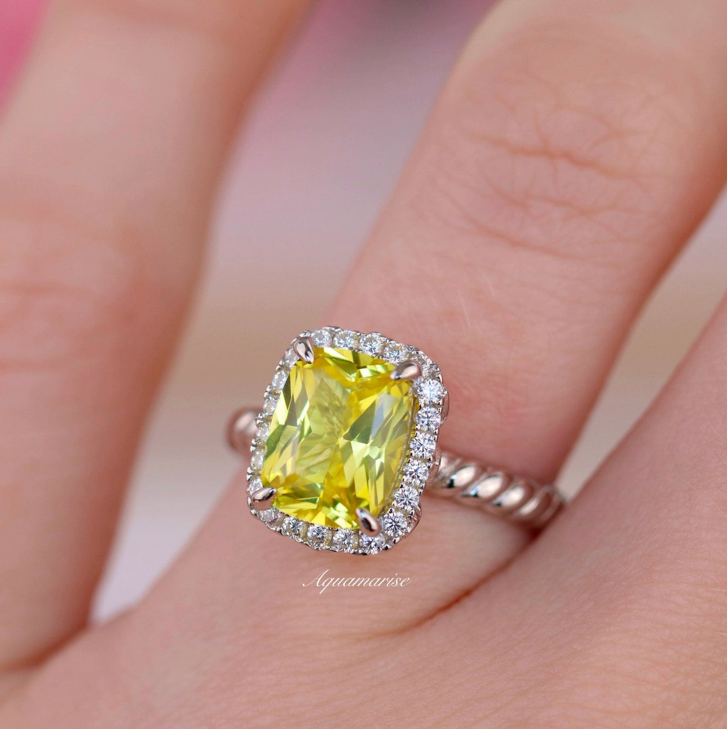 Elongated Cushion Yellow Sapphire Ring in Sterling Silver