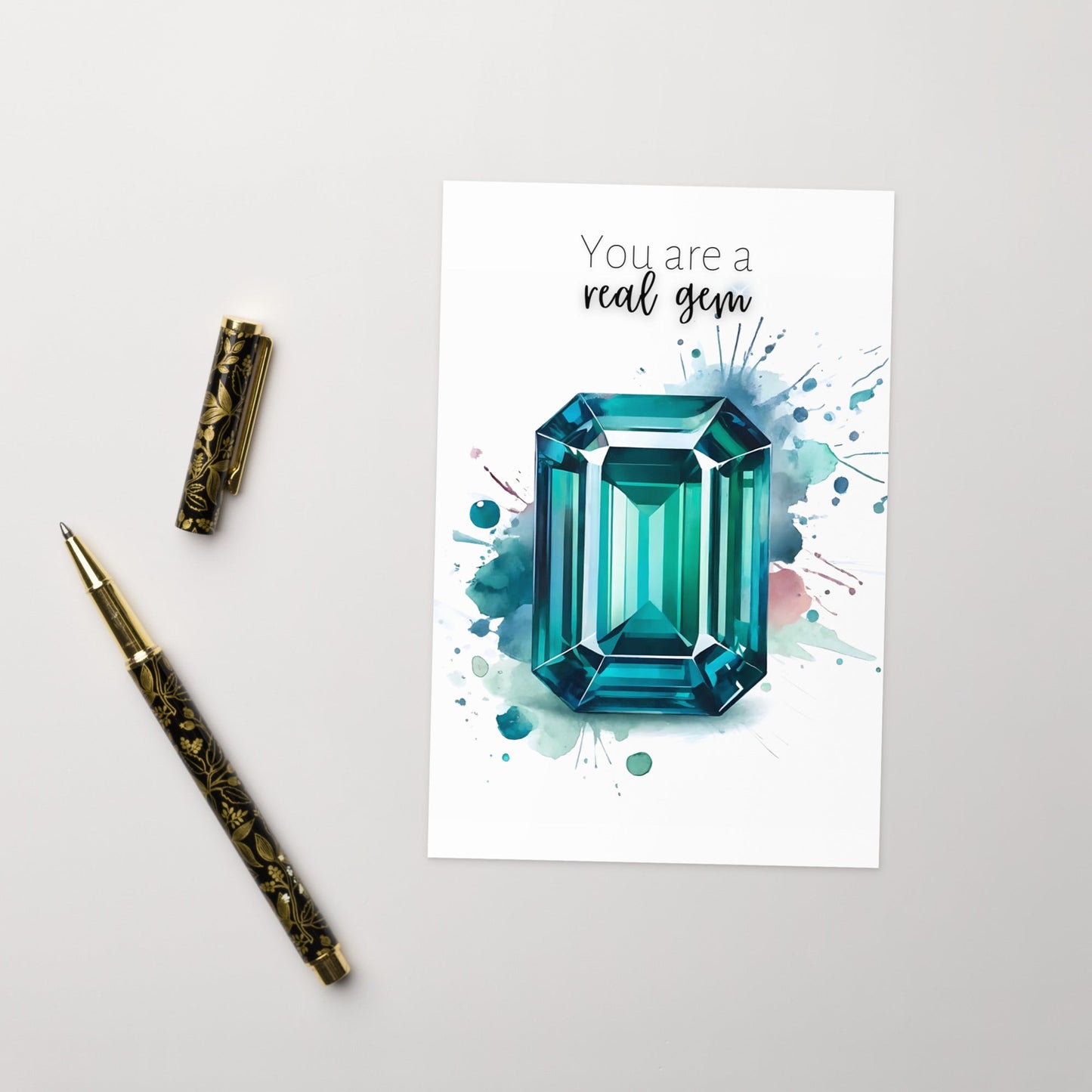 You are a real gem | Watercolor Emerald Shape Teal Sapphire Greeting Card