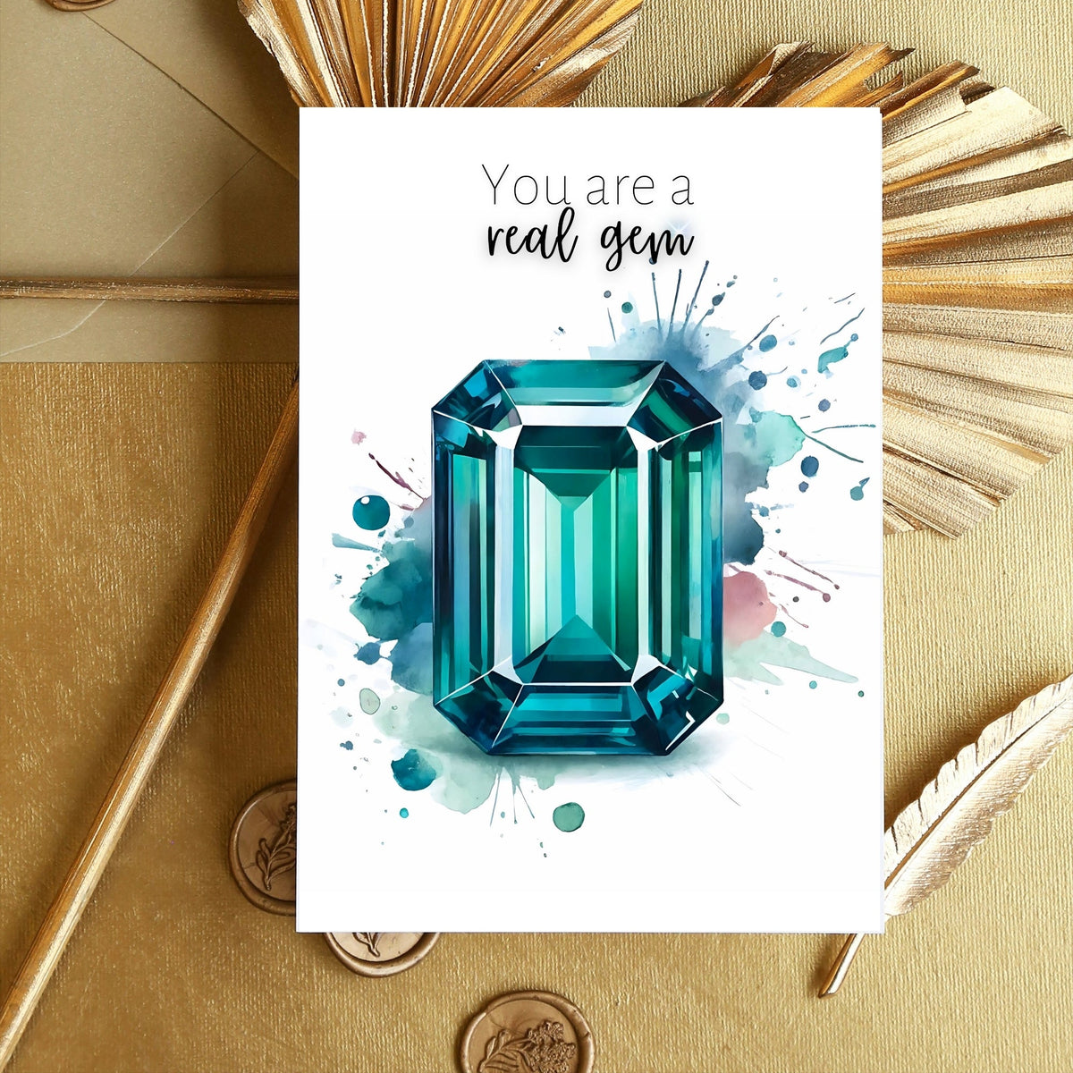 You are a real gem | Watercolor Emerald Shape Teal Sapphire Greeting Card