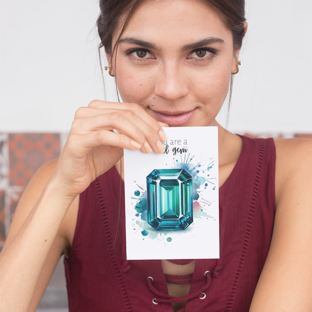 You are a real gem | Watercolor Emerald Shape Teal Sapphire Greeting Card
