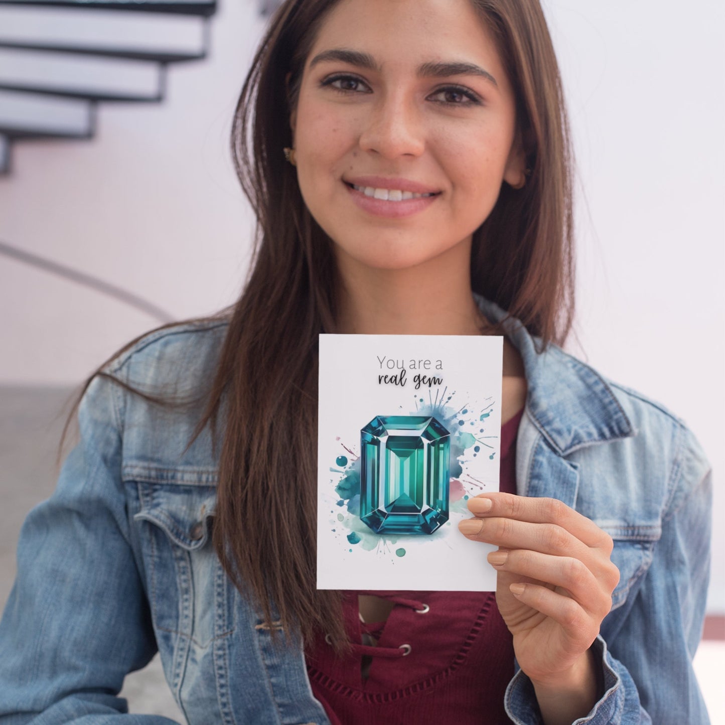 You are a real gem | Watercolor Emerald Shape Teal Sapphire Greeting Card