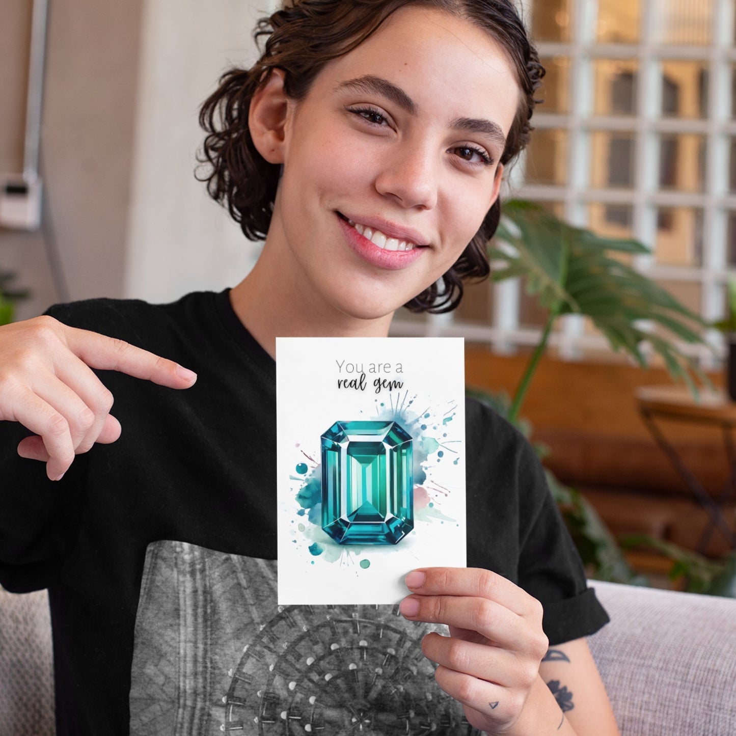 You are a real gem | Watercolor Emerald Shape Teal Sapphire Greeting Card