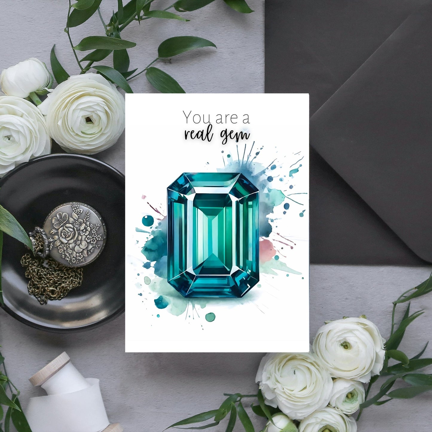 You are a real gem | Watercolor Emerald Shape Teal Sapphire Greeting Card
