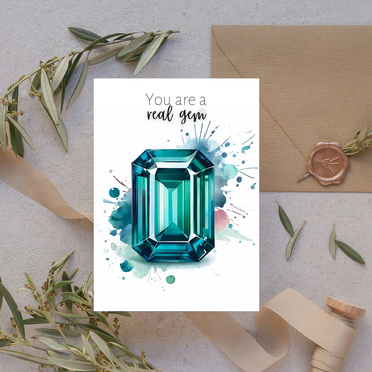 You are a real gem | Watercolor Emerald Shape Teal Sapphire Greeting Card