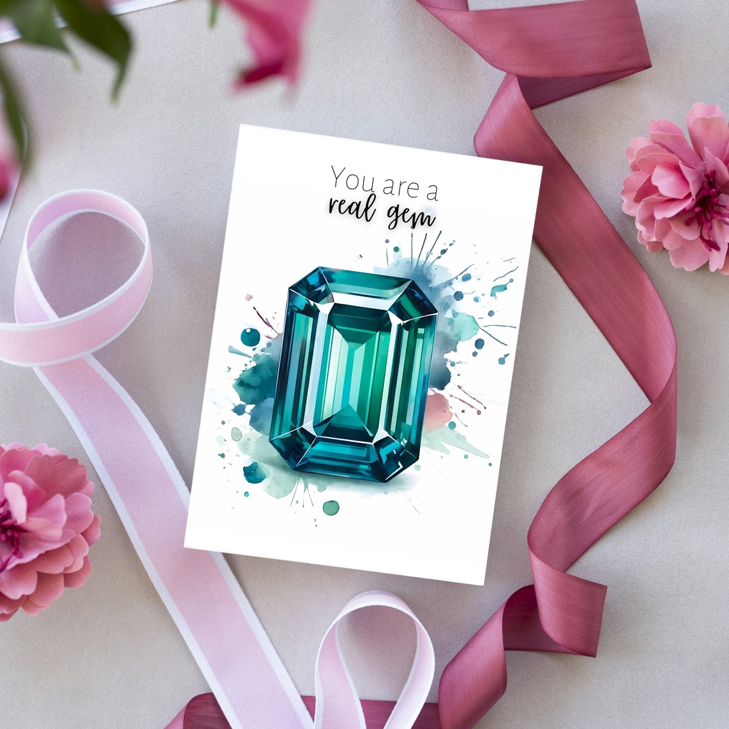 You are a real gem | Watercolor Emerald Shape Teal Sapphire Greeting Card
