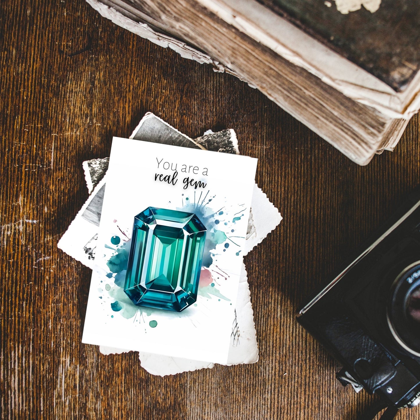 You are a real gem | Watercolor Emerald Shape Teal Sapphire Greeting Card