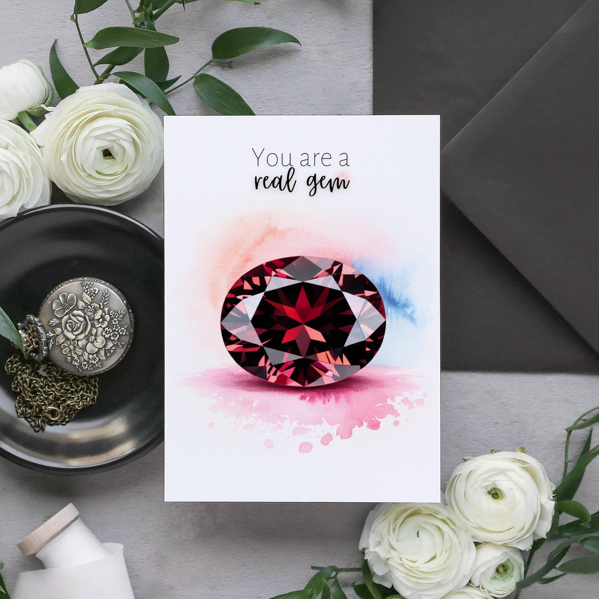 You are a real Gem | Watercolor Oval Garnet Greeting Card