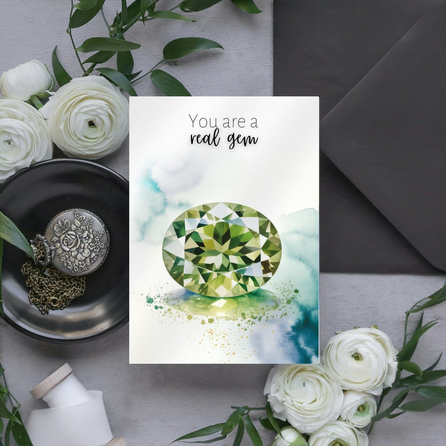 You are a real gem | Watercolor Oval Peridot Greeting Card