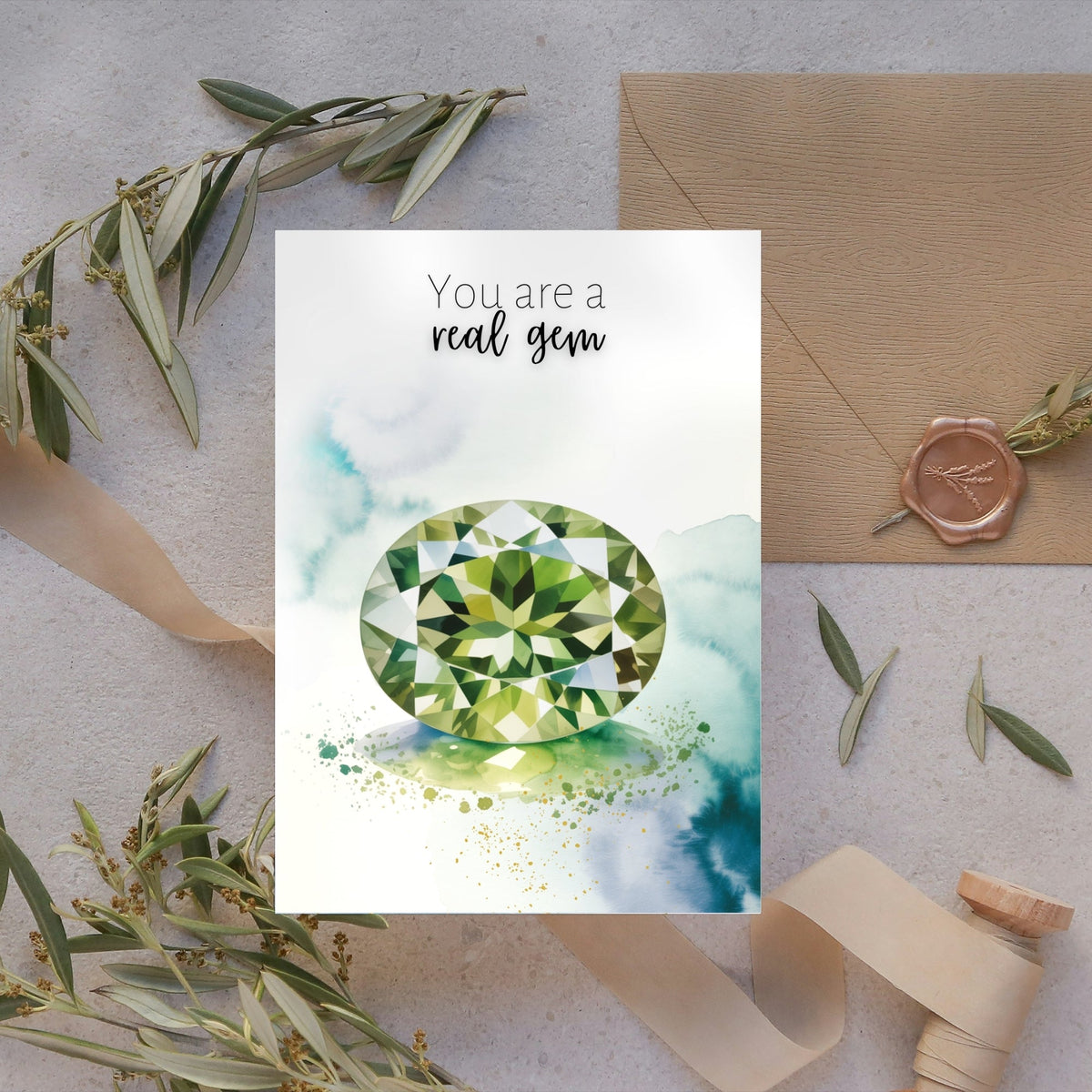 You are a real gem | Watercolor Oval Peridot Greeting Card