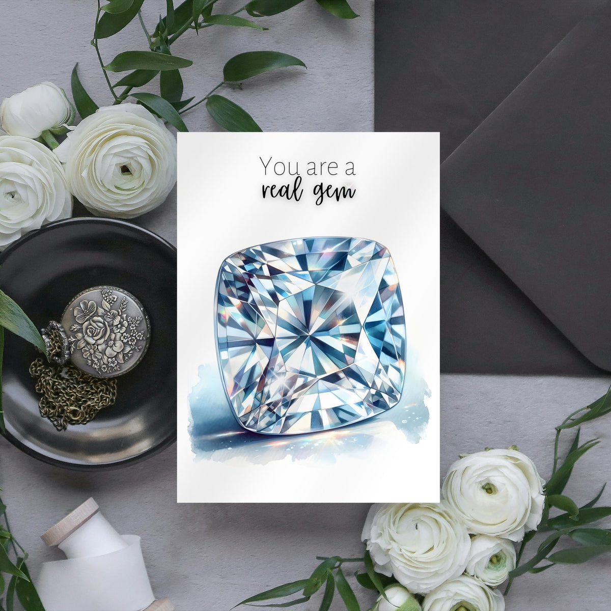You are a real Gem | Watercolor Cushion Cut Moissanite Folded Card