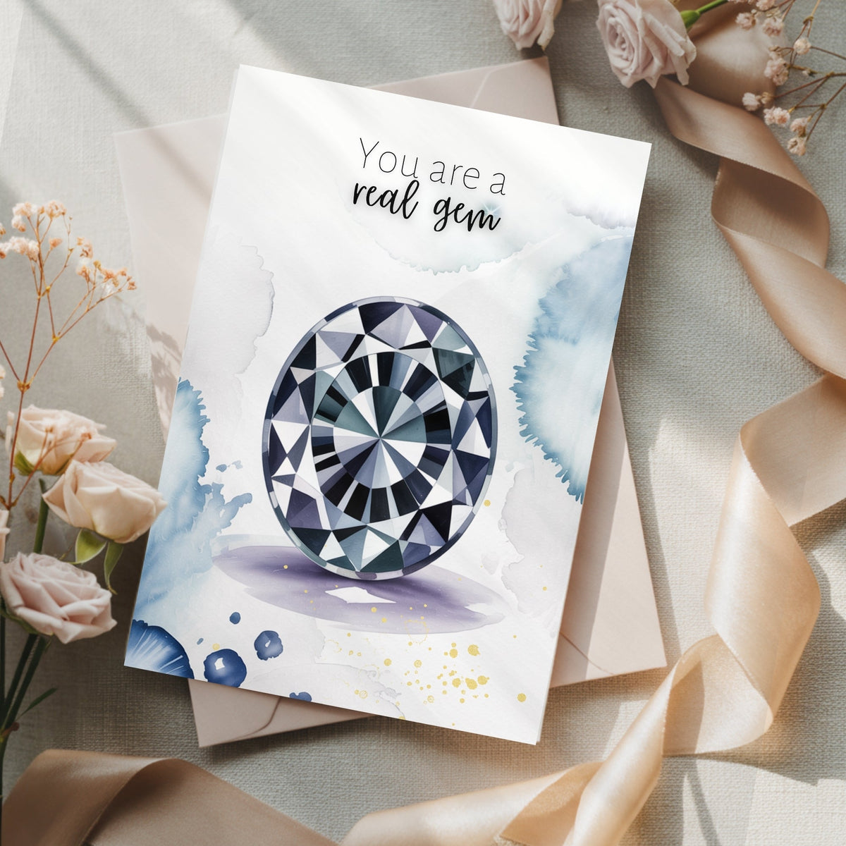 You are a real Gem | Watercolor Oval Blue Spinel Folded Card