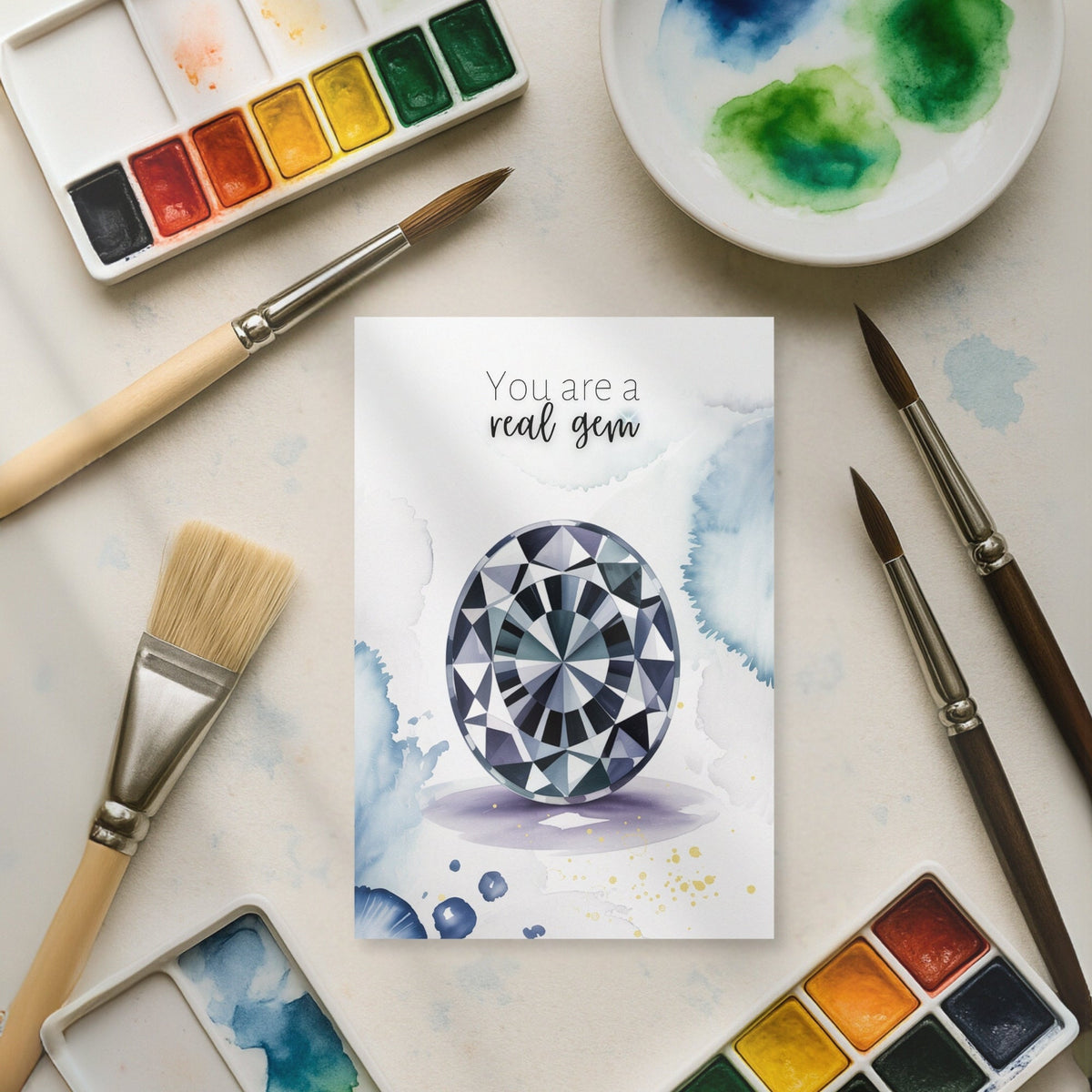 You are a real Gem | Watercolor Oval Blue Spinel Folded Card