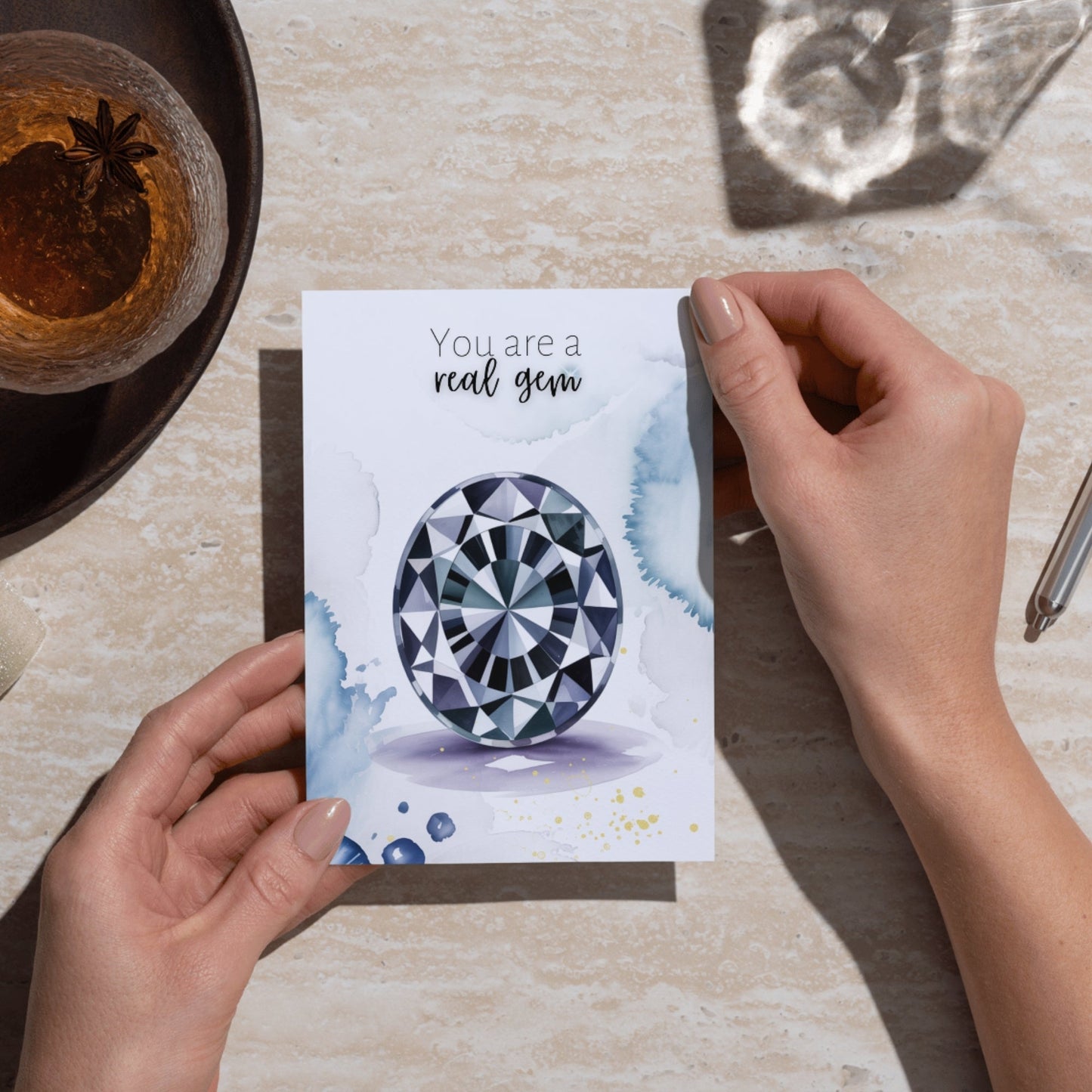 You are a real Gem | Watercolor Oval Blue Spinel Folded Card