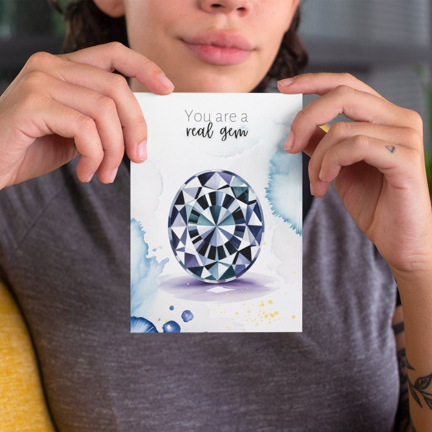 You are a real Gem | Watercolor Oval Blue Spinel Folded Card