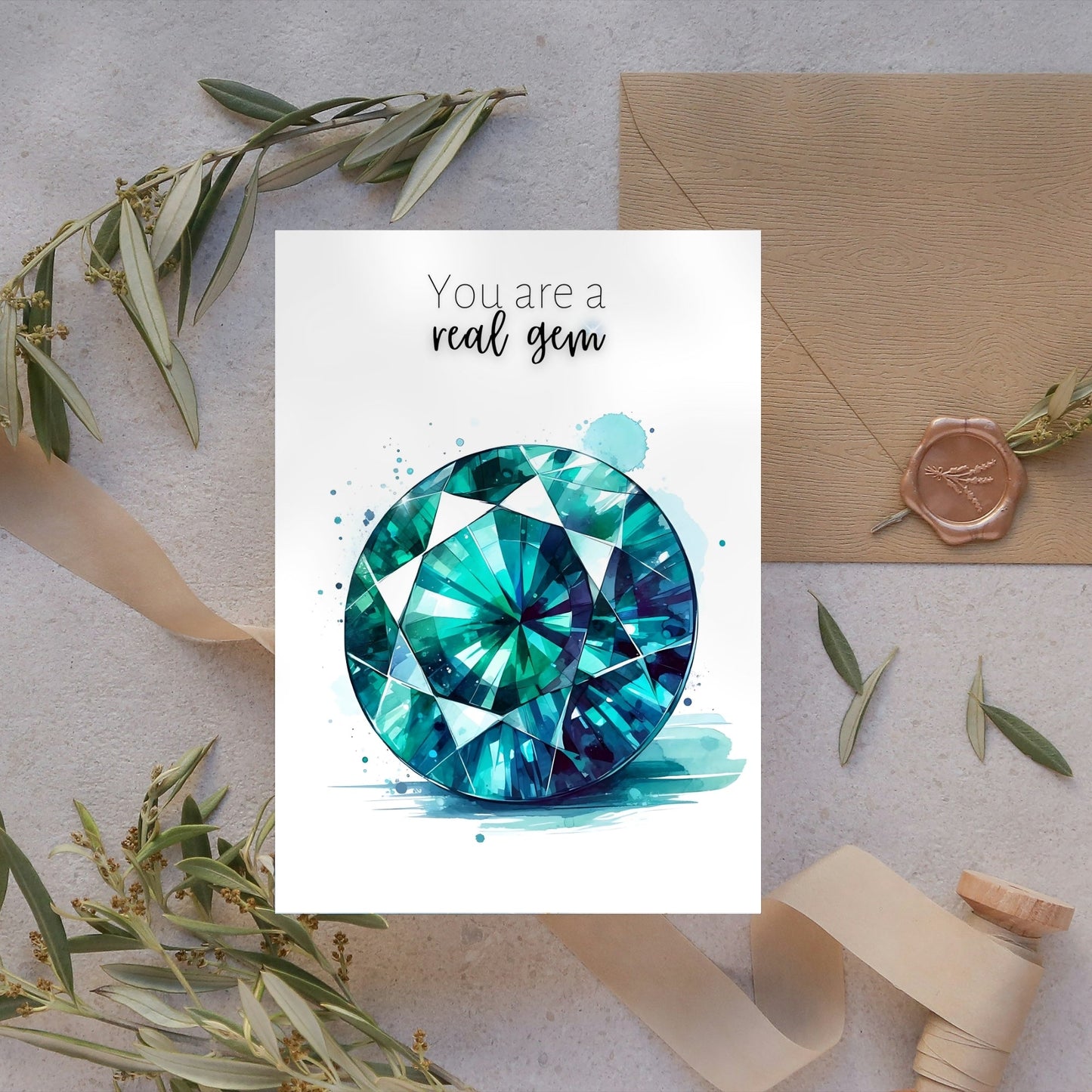 You are a real gem | Watercolor Round Teal Sapphire Greeting Card
