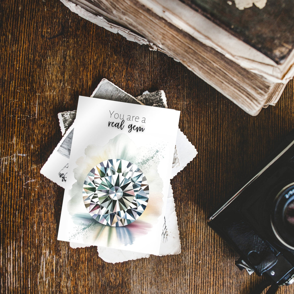 You are a real Gem | Watercolor Round Brilliant Cut Diamond Folded Card