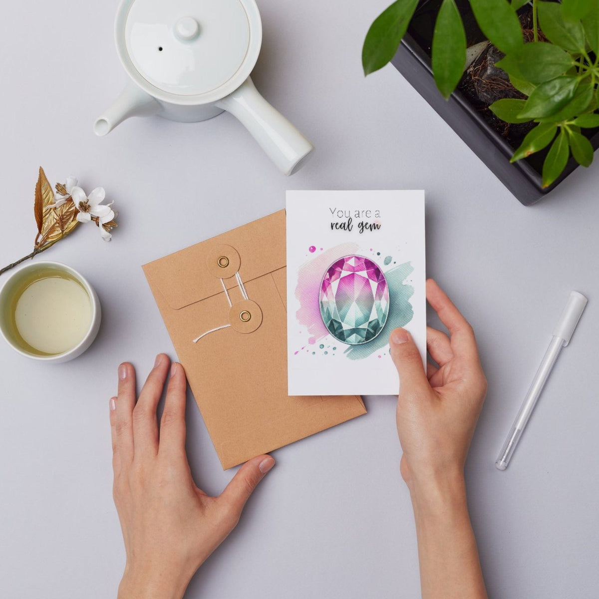 You are a real Gem | Watercolor Oval Bi-color Tourmaline Folded Card