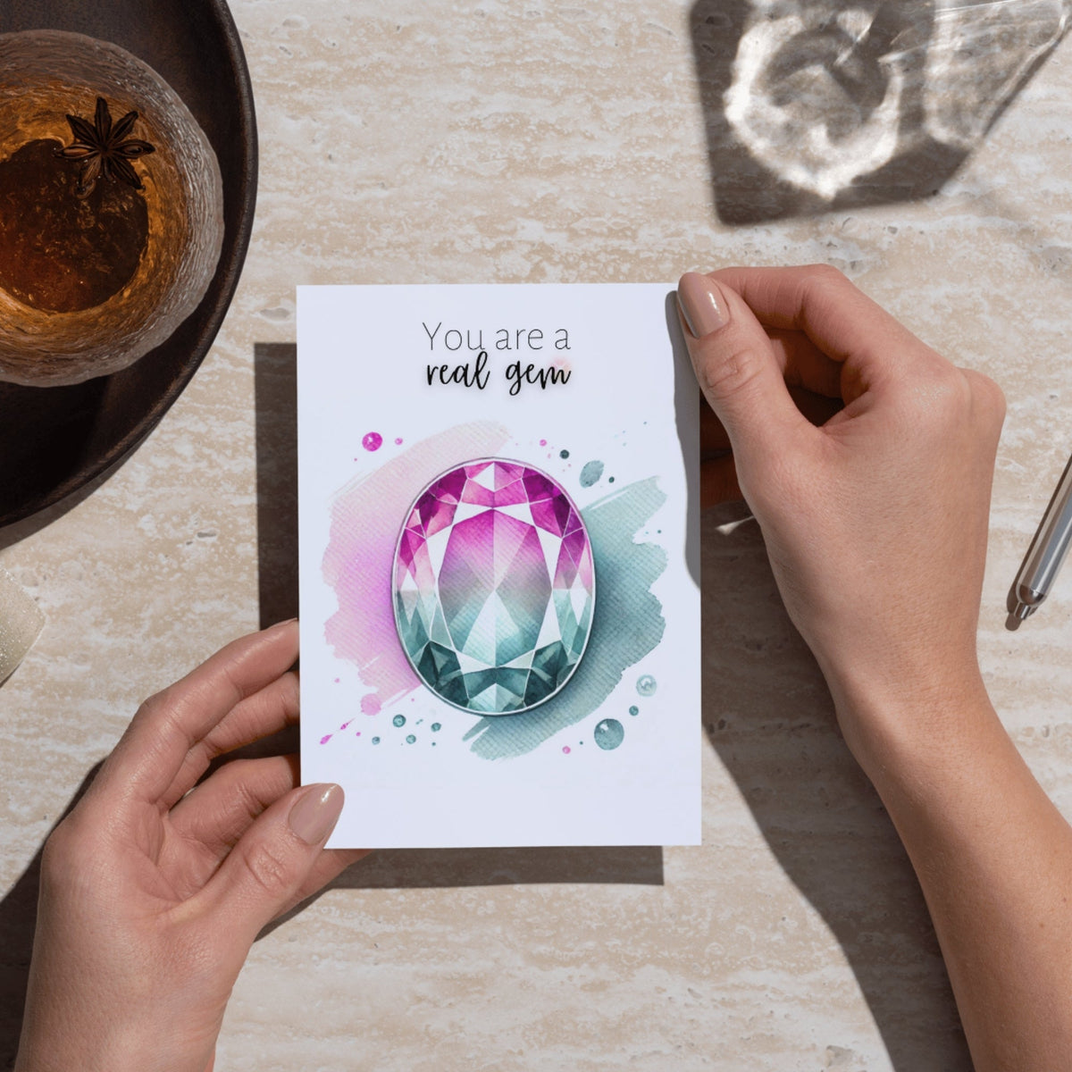 You are a real Gem | Watercolor Oval Bi-color Tourmaline Folded Card