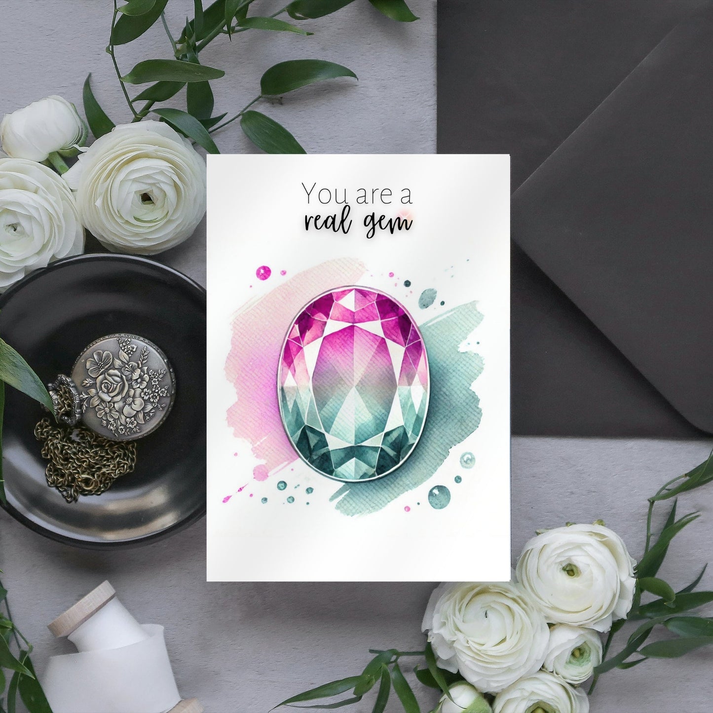 You are a real Gem | Watercolor Oval Bi-color Tourmaline Folded Card