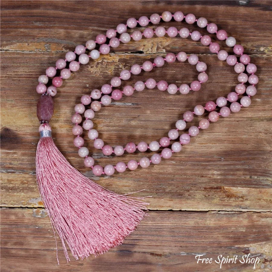 108 Natural Pink Rhodonite & Garnet Mala Bead Necklace
