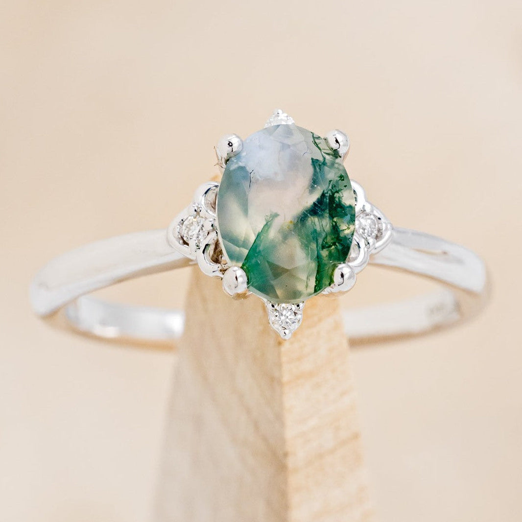 "Zella" - Oval Cut Moss Agate Engagement Ring With Diamond Accents