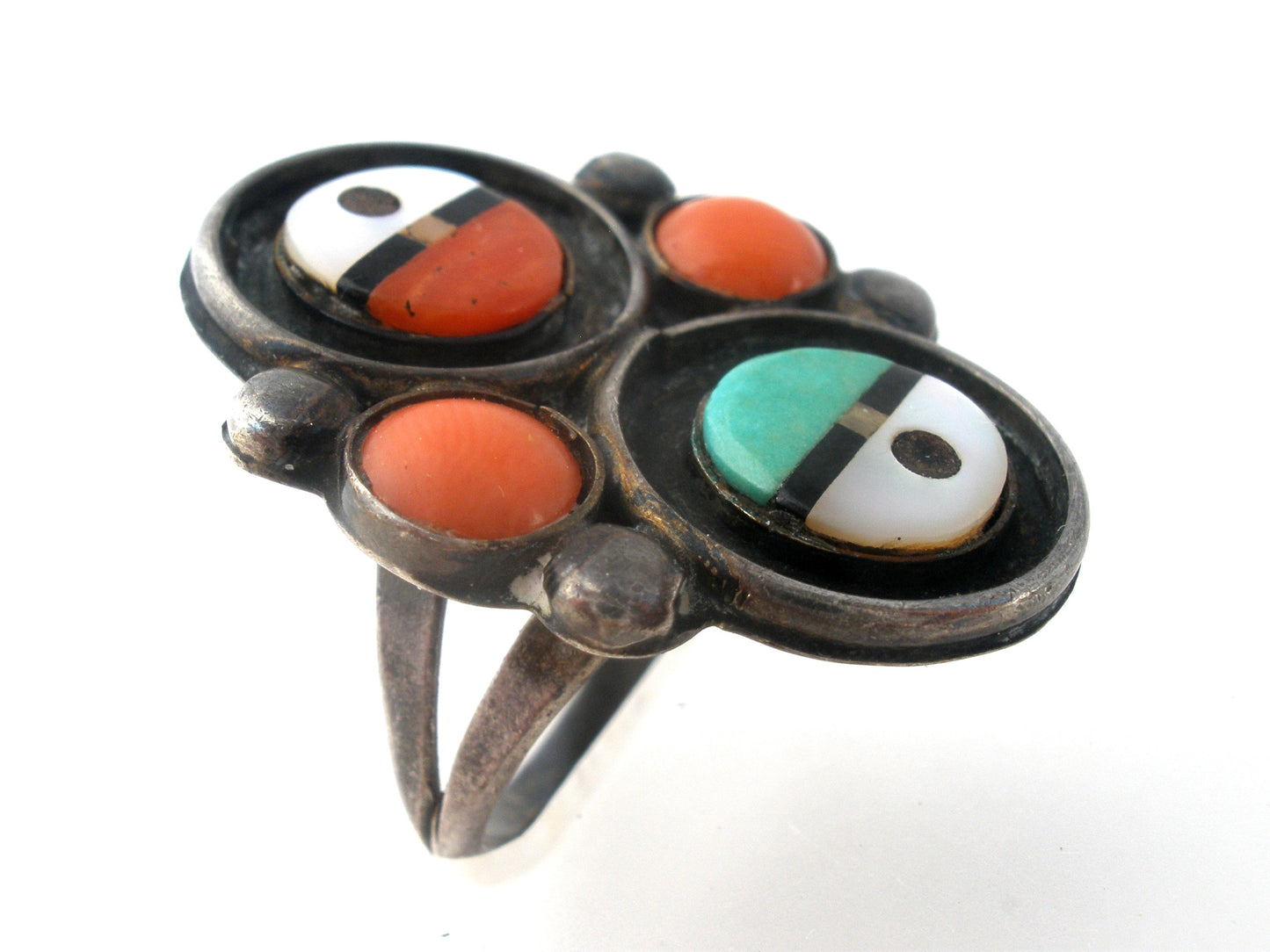 Zuni Coral Turquoise Mother of Pearl Ring Size 6