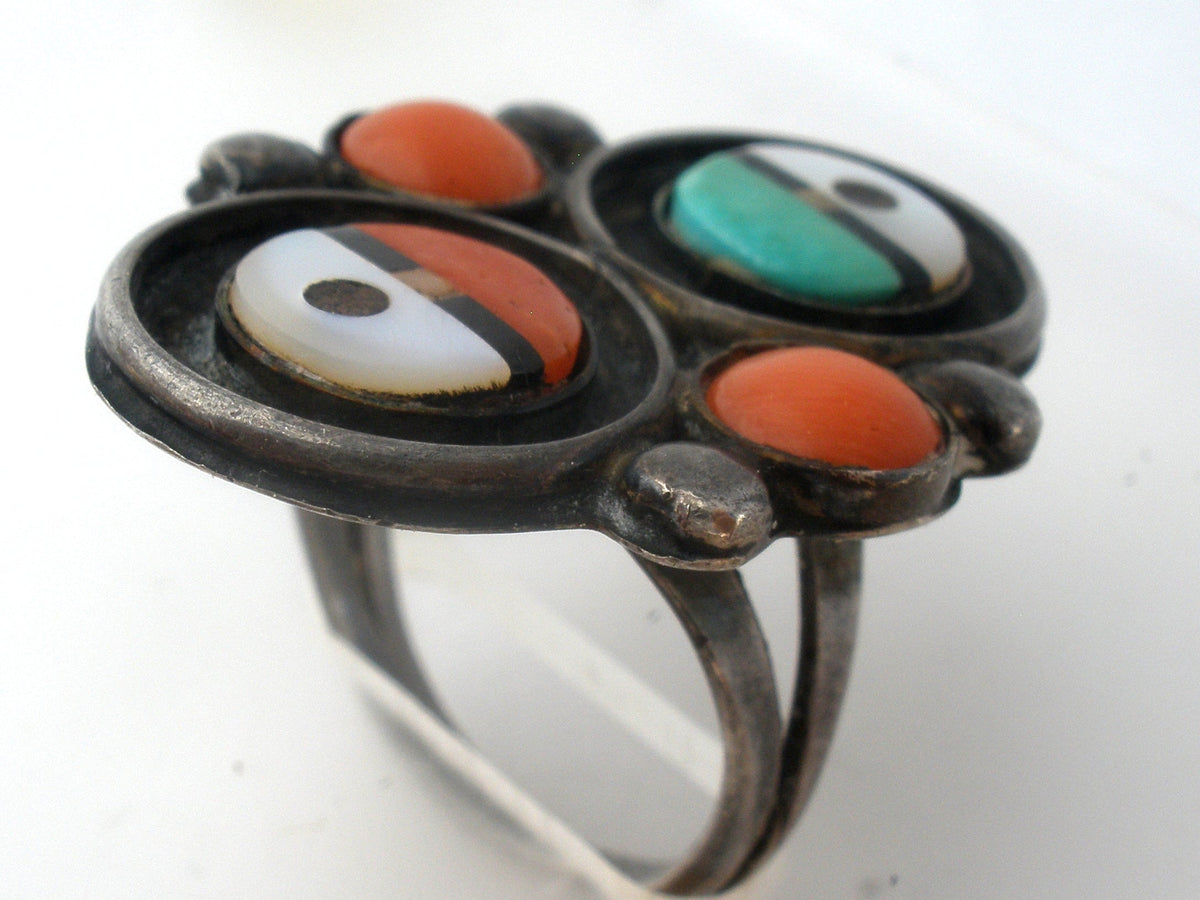 Zuni Coral Turquoise Mother of Pearl Ring Size 6
